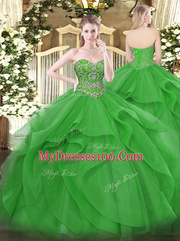 Great Ball Gowns Sweet 16 Quinceanera Dress Green Sweetheart Tulle Sleeveless Floor Length Lace Up