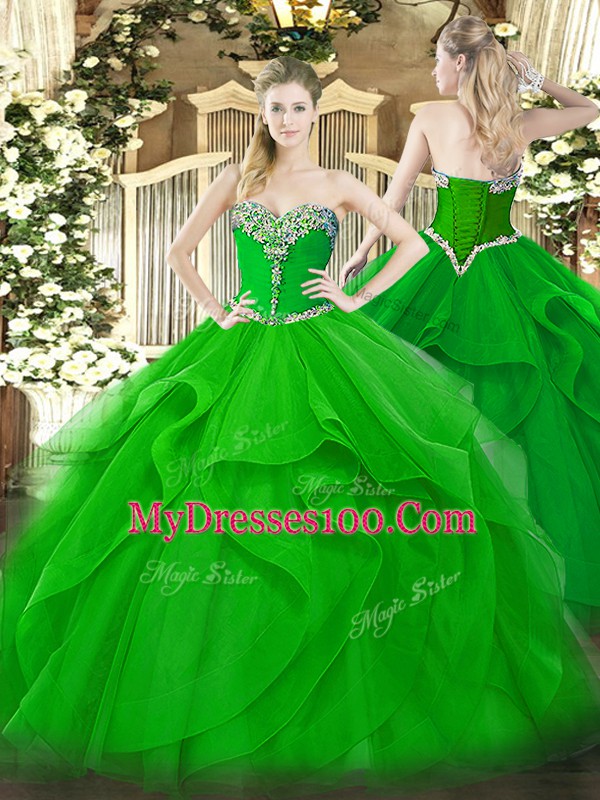 Artistic Green Sweetheart Lace Up Beading and Ruffles Quinceanera Dresses Sleeveless