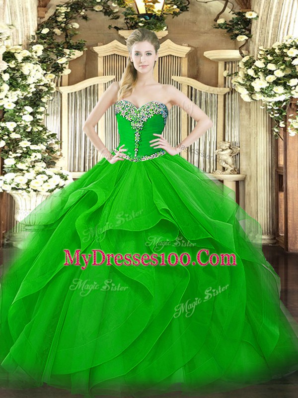 Artistic Green Sweetheart Lace Up Beading and Ruffles Quinceanera Dresses Sleeveless