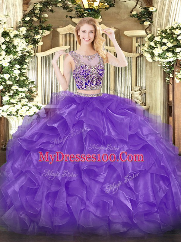 Sexy Beading and Ruffles Quince Ball Gowns Eggplant Purple Lace Up Sleeveless Floor Length