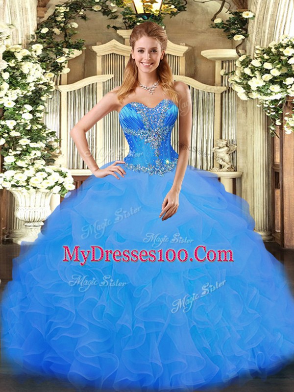 Blue Ball Gowns Sweetheart Sleeveless Organza Floor Length Lace Up Beading and Ruffles Quinceanera Gowns