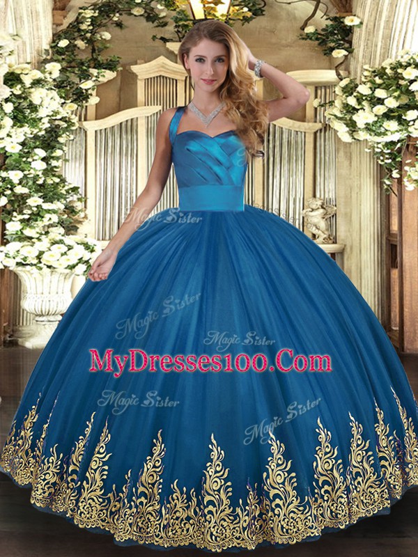 Floor Length Blue Quinceanera Gown Halter Top Sleeveless Lace Up