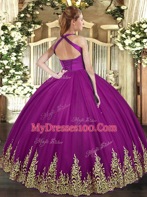 Floor Length Blue Quinceanera Gown Halter Top Sleeveless Lace Up