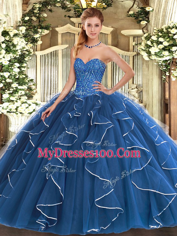 Classical Blue Lace Up Sweetheart Beading and Ruffles Vestidos de Quinceanera Tulle Sleeveless