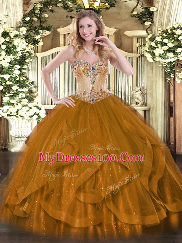 Sweetheart Sleeveless Tulle Vestidos de Quinceanera Beading and Ruffles Lace Up