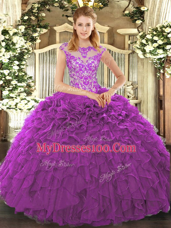 Captivating Beading and Appliques and Ruffles Ball Gown Prom Dress Eggplant Purple Lace Up Cap Sleeves Floor Length