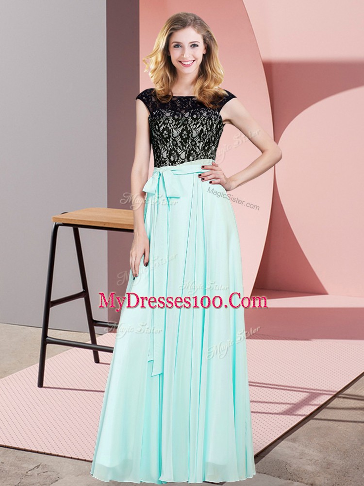 Floor Length Empire Sleeveless Aqua Blue Prom Gown Lace Up