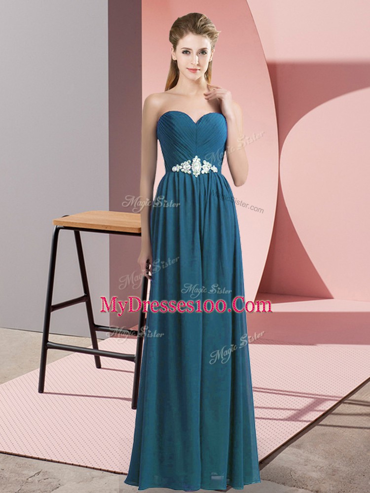 Lovely Teal Sleeveless Beading Floor Length Prom Dress