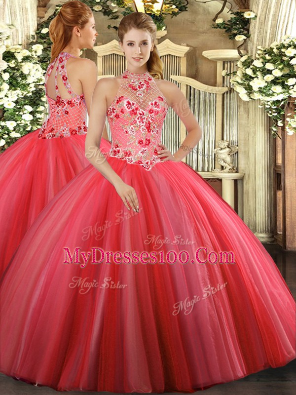 Floor Length Coral Red Quinceanera Dress Tulle Sleeveless Embroidery