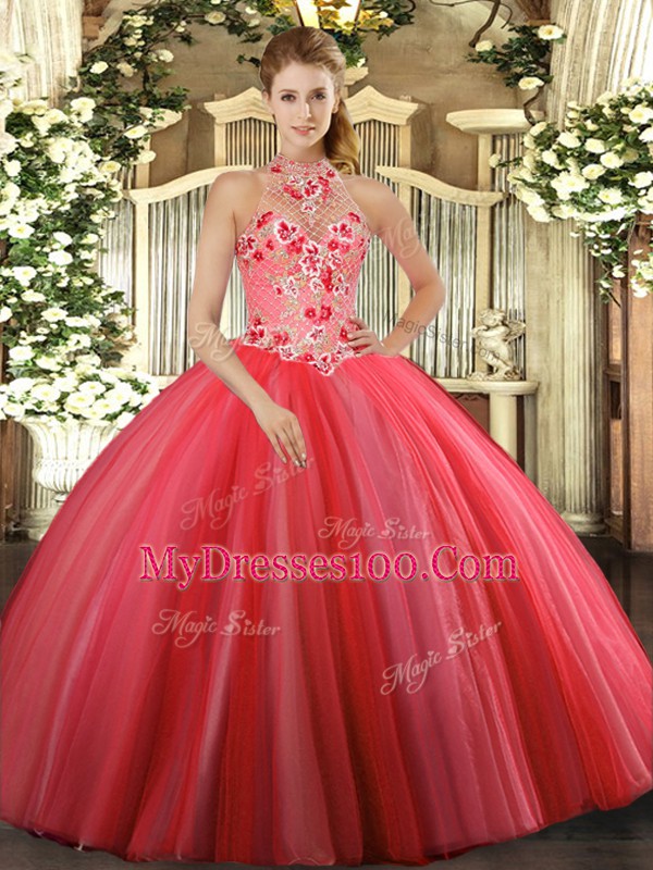 Floor Length Coral Red Quinceanera Dress Tulle Sleeveless Embroidery
