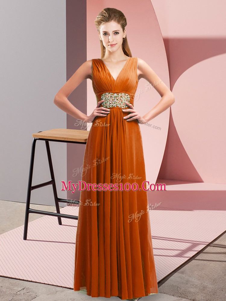 Empire Rust Red V-neck Chiffon Sleeveless Floor Length Side Zipper