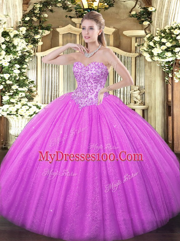 Unique Lilac Sleeveless Floor Length Appliques Lace Up 15th Birthday Dress