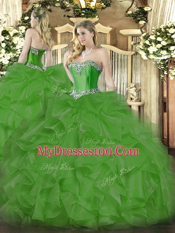 Beading and Ruffles Vestidos de Quinceanera Green Lace Up Sleeveless Floor Length