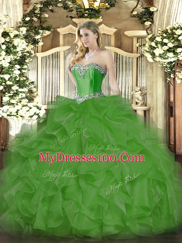 Beading and Ruffles Vestidos de Quinceanera Green Lace Up Sleeveless Floor Length