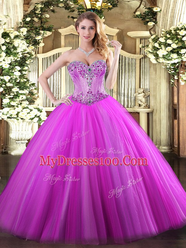 Fitting Floor Length Fuchsia 15 Quinceanera Dress Tulle Sleeveless Beading
