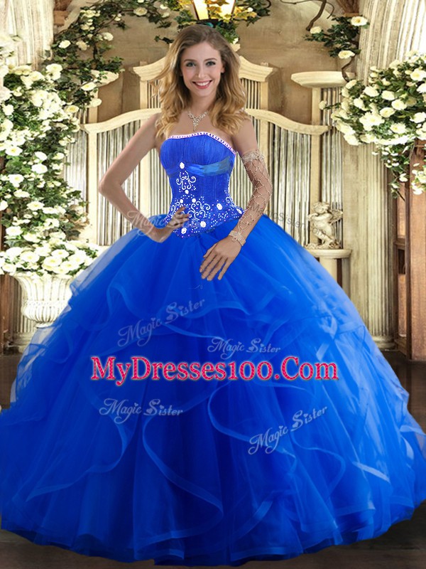 Blue Ball Gowns Tulle Strapless Sleeveless Beading and Ruffles Floor Length Lace Up Quinceanera Dresses