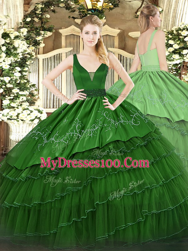 Exceptional Dark Green Organza and Taffeta Zipper Straps Sleeveless Floor Length Quince Ball Gowns Beading and Embroidery and Ruffled Layers