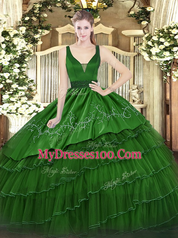 Exceptional Dark Green Organza and Taffeta Zipper Straps Sleeveless Floor Length Quince Ball Gowns Beading and Embroidery and Ruffled Layers