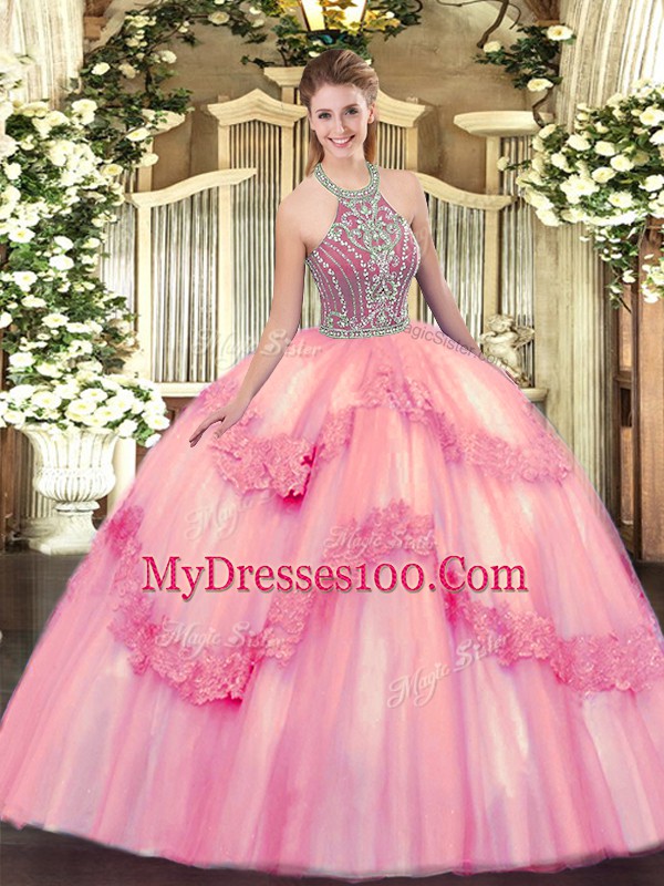 Pretty Baby Pink Halter Top Neckline Beading and Appliques Sweet 16 Dresses Sleeveless Lace Up
