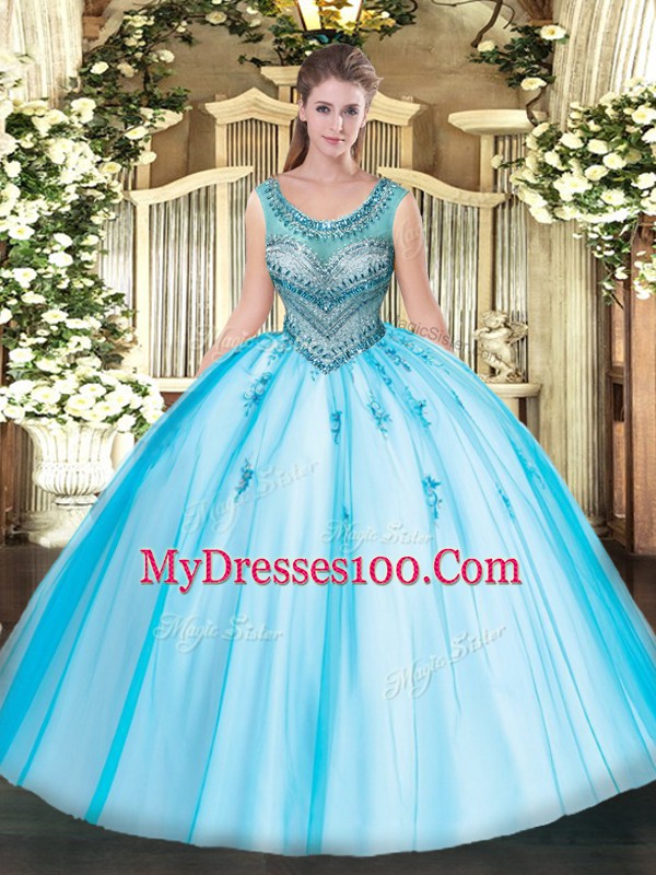 Pretty Baby Blue Ball Gowns Tulle Scoop Sleeveless Beading and Appliques Floor Length Lace Up Sweet 16 Dresses