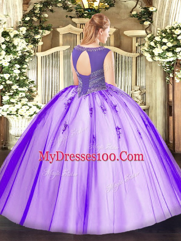 Pretty Baby Blue Ball Gowns Tulle Scoop Sleeveless Beading and Appliques Floor Length Lace Up Sweet 16 Dresses
