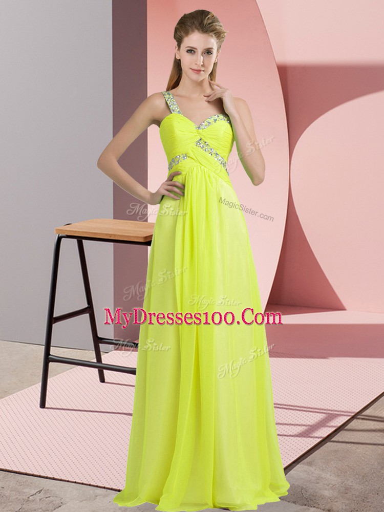 Graceful Floor Length Yellow Green Evening Dress One Shoulder Sleeveless Lace Up