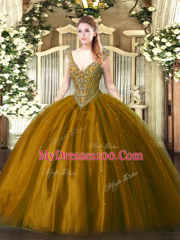 Affordable Brown V-neck Lace Up Beading Quinceanera Dresses Sleeveless