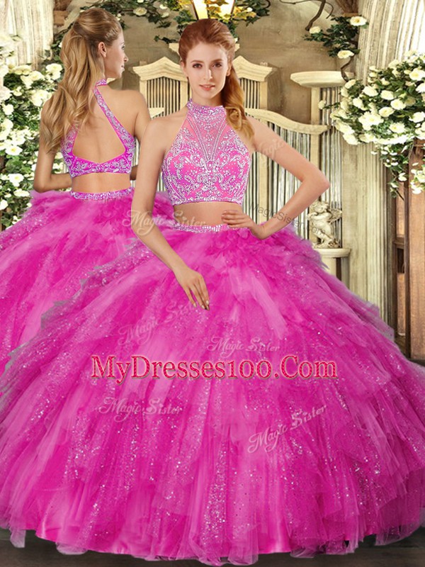 Hot Selling Floor Length Two Pieces Sleeveless Hot Pink Sweet 16 Quinceanera Dress Criss Cross