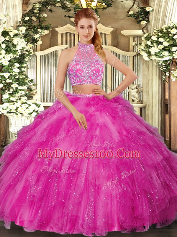 Hot Selling Floor Length Two Pieces Sleeveless Hot Pink Sweet 16 Quinceanera Dress Criss Cross