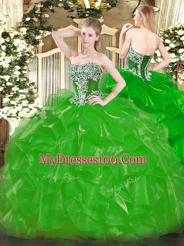 Fancy Sleeveless Organza Floor Length Lace Up Sweet 16 Quinceanera Dress in Green with Beading and Ruffles
