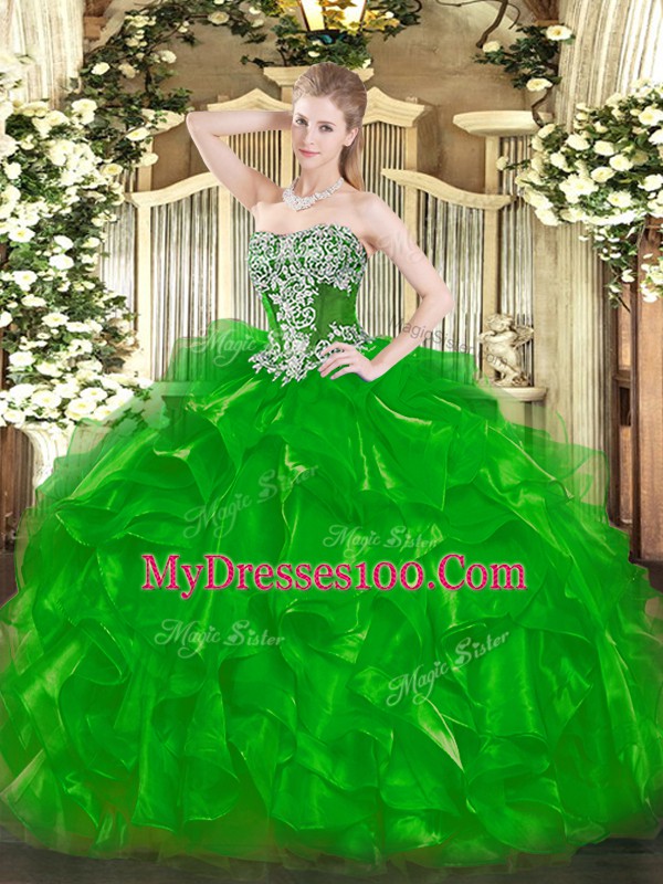 Fancy Sleeveless Organza Floor Length Lace Up Sweet 16 Quinceanera Dress in Green with Beading and Ruffles