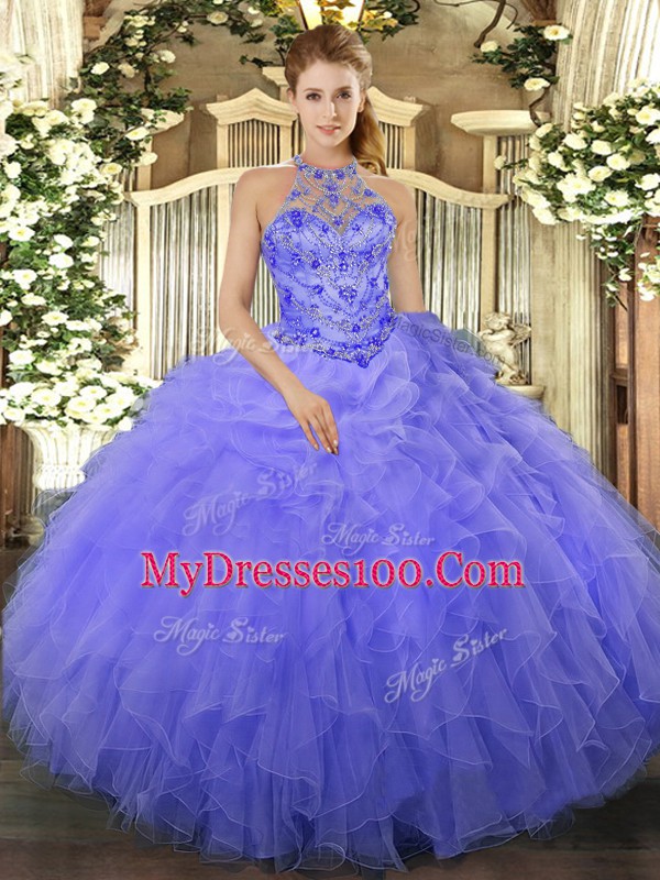 Fancy Halter Top Sleeveless Sweet 16 Quinceanera Dress Floor Length Beading and Ruffles Blue Organza