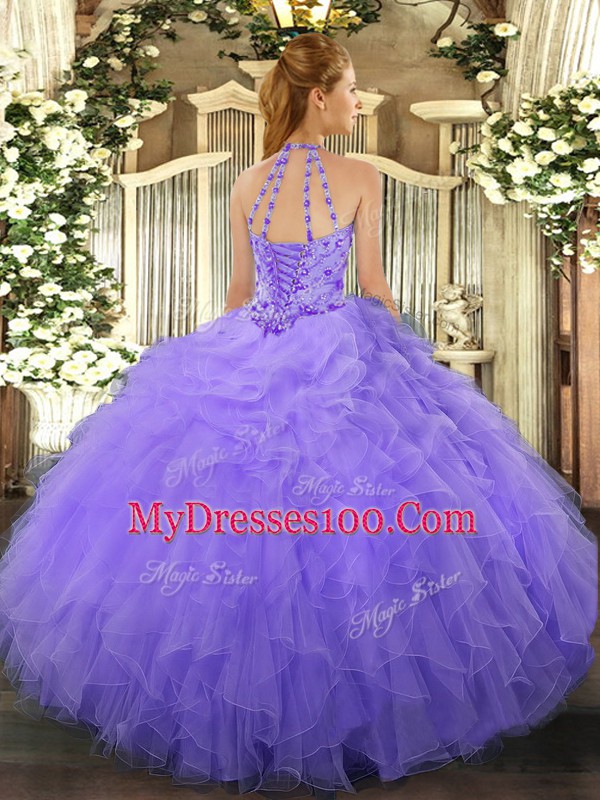 Fancy Halter Top Sleeveless Sweet 16 Quinceanera Dress Floor Length Beading and Ruffles Blue Organza