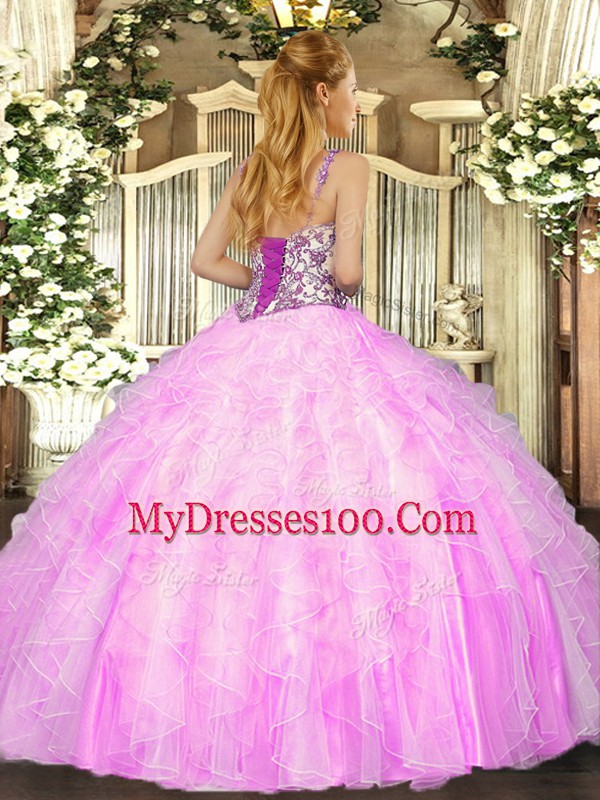 Fashionable Lilac Mermaid Beading and Ruffles Quinceanera Dress Lace Up Organza Sleeveless Floor Length