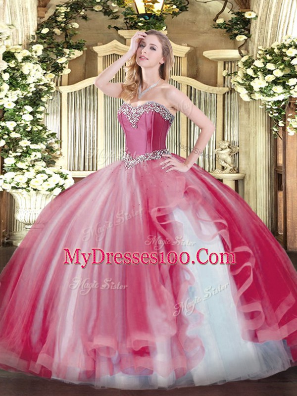 Custom Fit Floor Length Lace Up Quince Ball Gowns Coral Red for Sweet 16 and Quinceanera with Beading and Ruffles