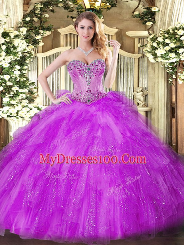 Fuchsia Sweetheart Neckline Beading and Ruffles Quinceanera Gown Sleeveless Lace Up