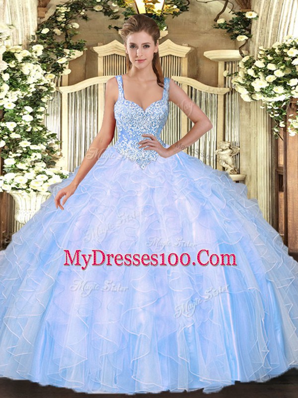 Light Blue Straps Lace Up Beading 15th Birthday Dress Sleeveless