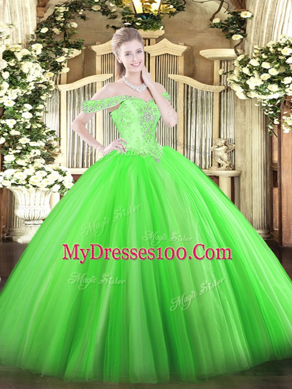Spectacular Green Lace Up Off The Shoulder Beading Quince Ball Gowns Tulle Sleeveless