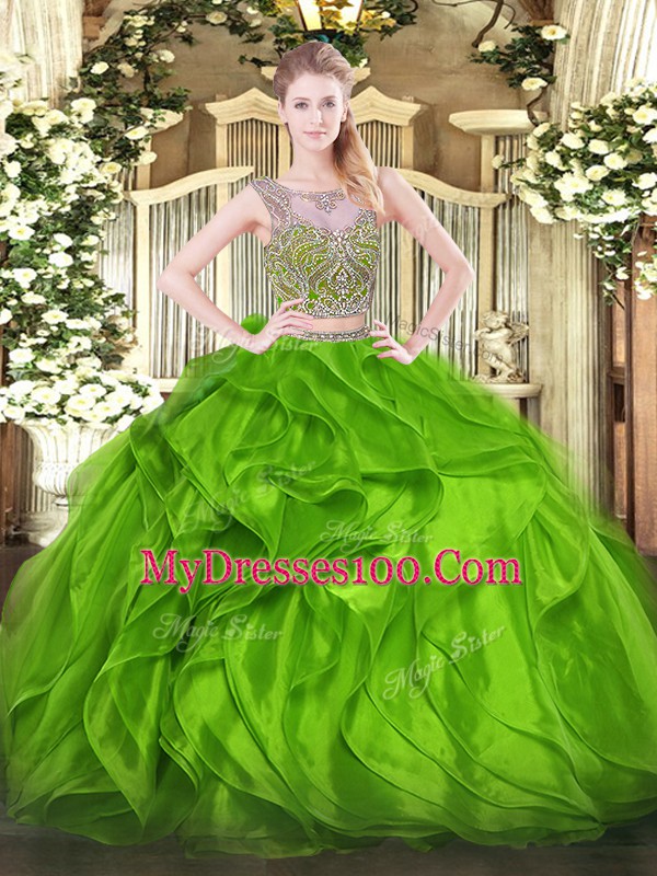 Green Lace Up Quince Ball Gowns Beading and Ruffles Sleeveless Floor Length