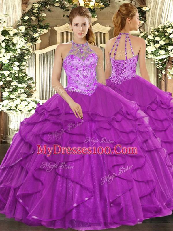 Best Selling Purple Lace Up Halter Top Beading and Ruffles Sweet 16 Dress Organza Sleeveless