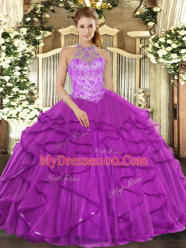 Best Selling Purple Lace Up Halter Top Beading and Ruffles Sweet 16 Dress Organza Sleeveless