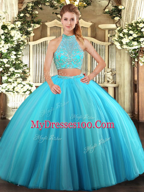 Edgy Aqua Blue Criss Cross Sweet 16 Quinceanera Dress Beading Sleeveless Floor Length