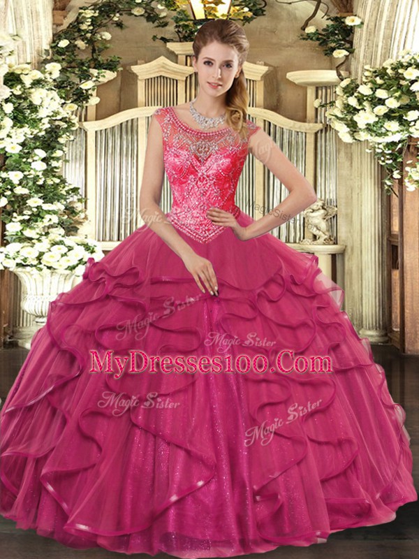 Sexy Hot Pink Sleeveless Tulle Lace Up 15 Quinceanera Dress for Sweet 16 and Quinceanera