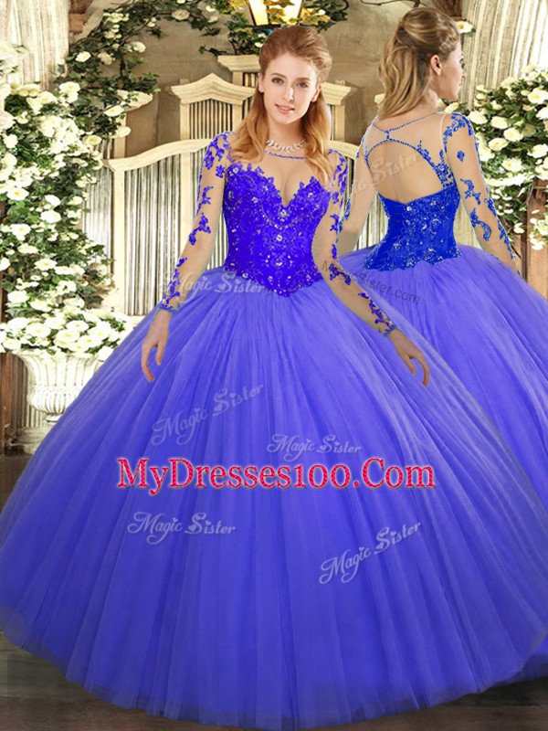 Fantastic Floor Length Blue Sweet 16 Quinceanera Dress Scoop Long Sleeves Lace Up