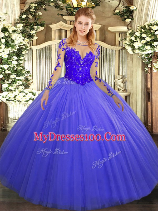Fantastic Floor Length Blue Sweet 16 Quinceanera Dress Scoop Long Sleeves Lace Up