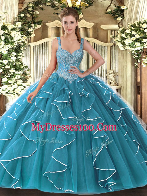 Hot Selling Teal V-neck Neckline Beading Quinceanera Gowns Sleeveless Lace Up
