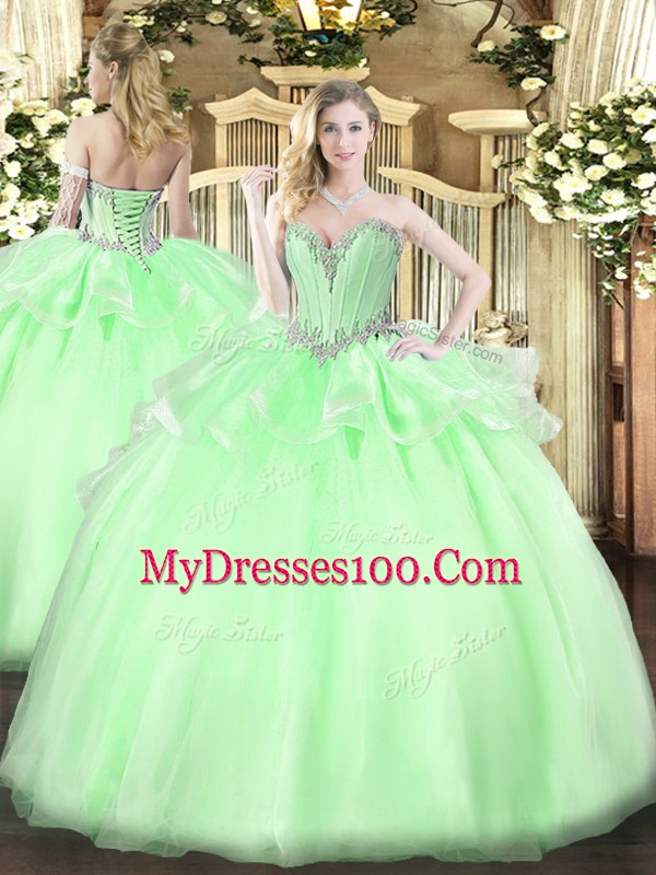 Amazing Apple Green Organza Lace Up Sweetheart Sleeveless Floor Length 15 Quinceanera Dress Beading