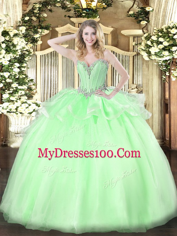 Amazing Apple Green Organza Lace Up Sweetheart Sleeveless Floor Length 15 Quinceanera Dress Beading