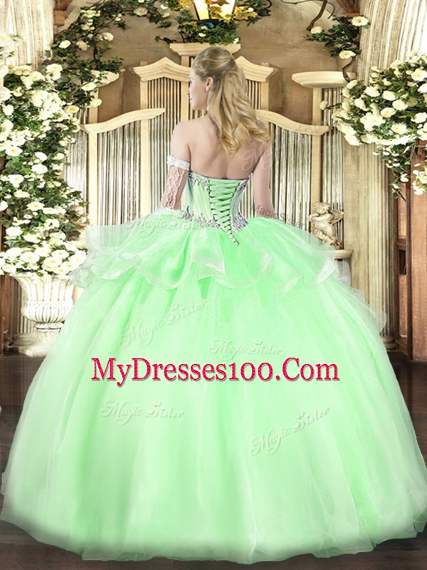 Amazing Apple Green Organza Lace Up Sweetheart Sleeveless Floor Length 15 Quinceanera Dress Beading
