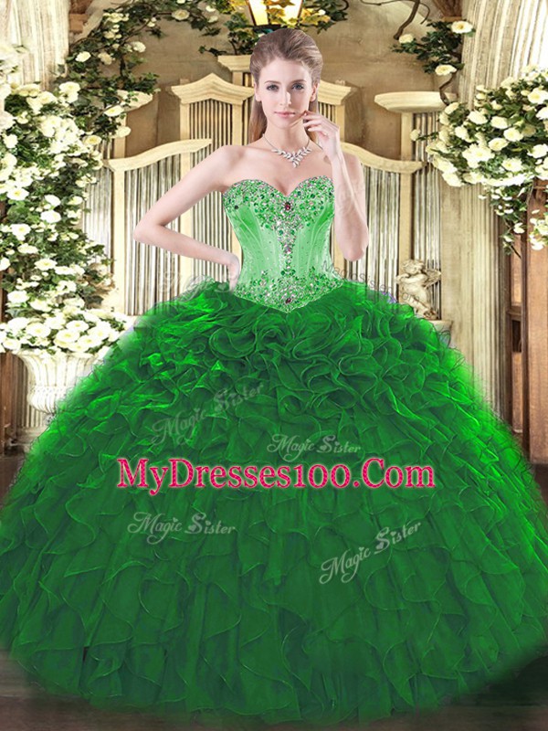 Dark Green Sweetheart Lace Up Beading and Ruffles Quinceanera Gowns Sleeveless
